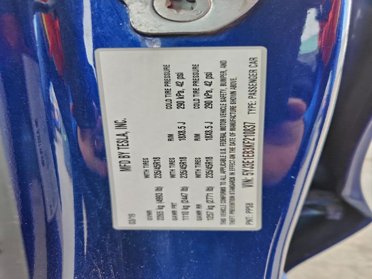 2019 Tesla Model 3 VIN: 5YJ3E1EB3KF210837 Lot: 93868395