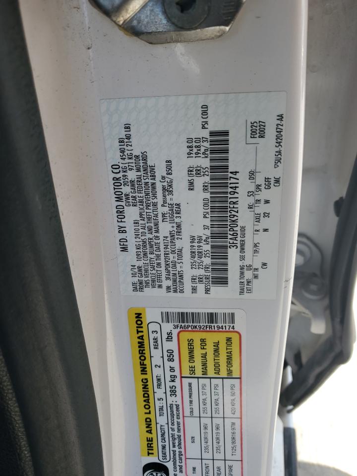 2015 Ford Fusion Titanium VIN: 3FA6P0K92FR194174 Lot: 92706905