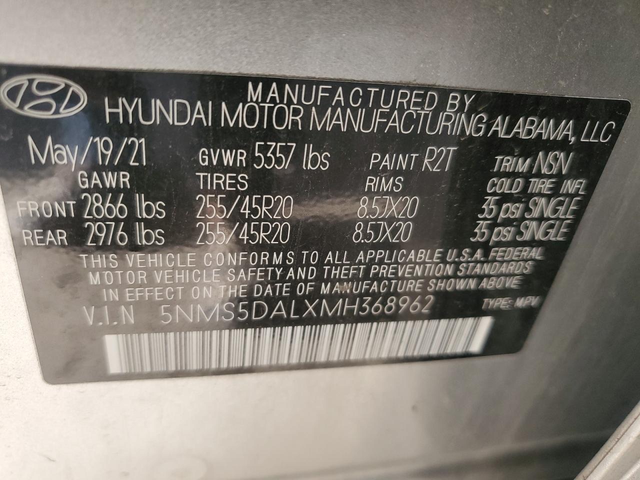 2021 Hyundai Santa Fe Calligraphy VIN: 5NMS5DALXMH368962 Lot: 93448745