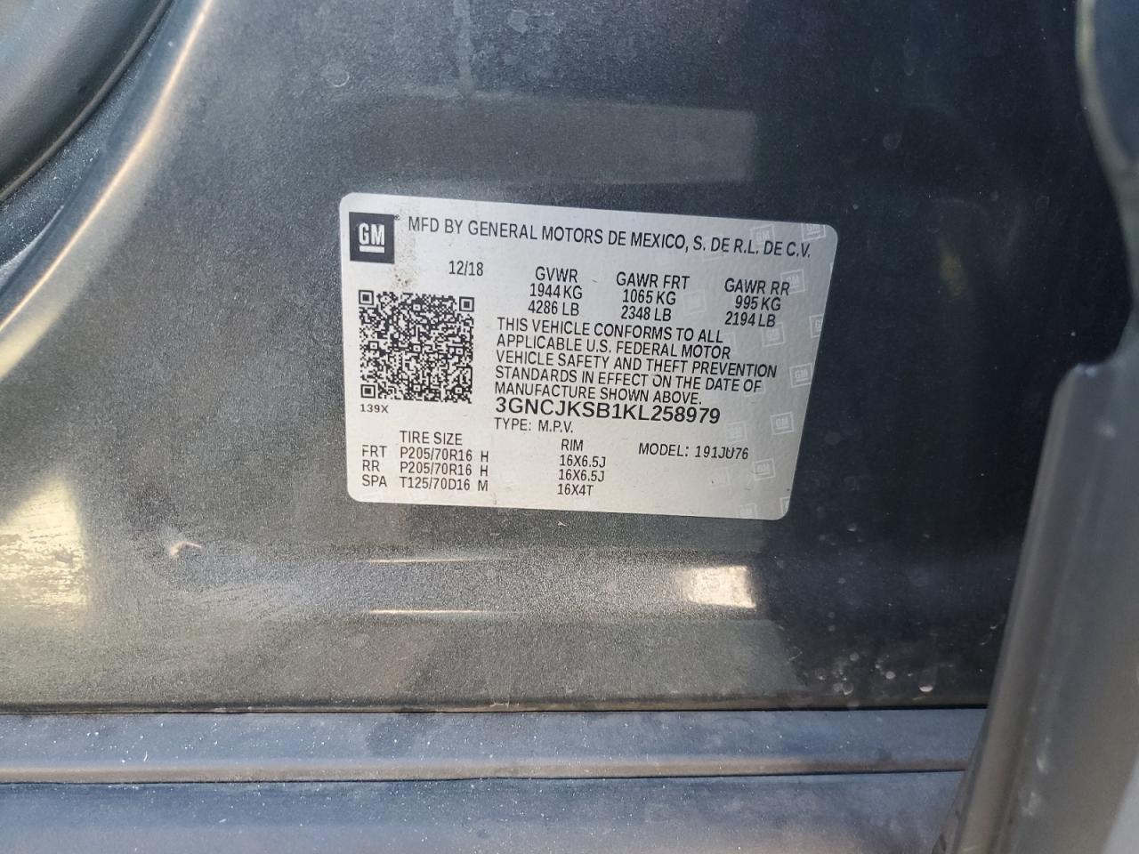 2019 Chevrolet Trax Ls VIN: 3GNCJKSB1KL258979 Lot: 91596385