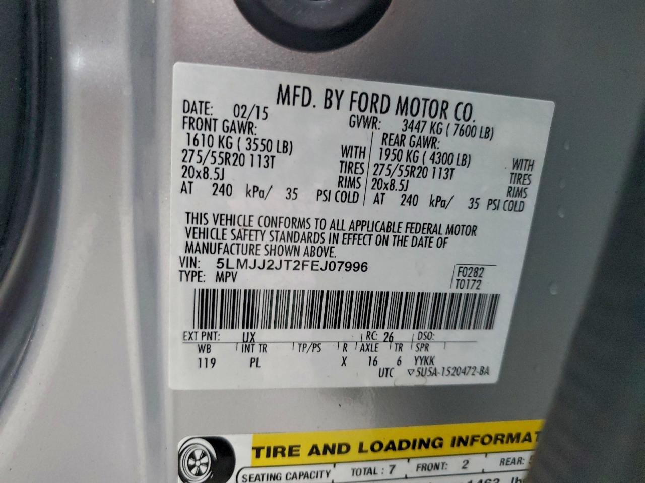 2015 Lincoln Navigator VIN: 5LMJJ2JT2FEJ07996 Lot: 93978965