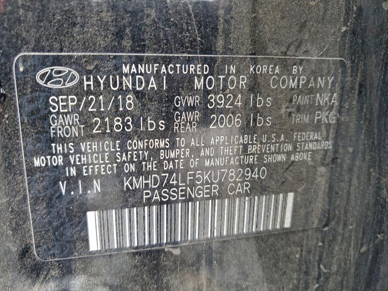 2019 Hyundai Elantra Se VIN: KMHD74LF5KU782940 Lot: 94062555