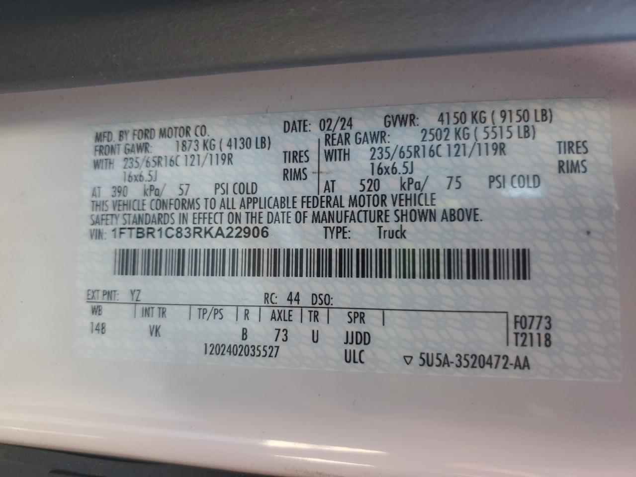 2024 Ford Transit Delivery Van VIN: 1FTBR1C83RKA22906 Lot: 91684665