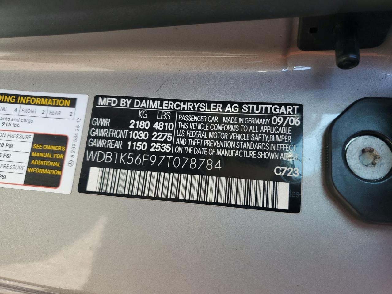 2007 Mercedes-Benz Clk 350 VIN: WDBTK56F97T078784 Lot: 91042505