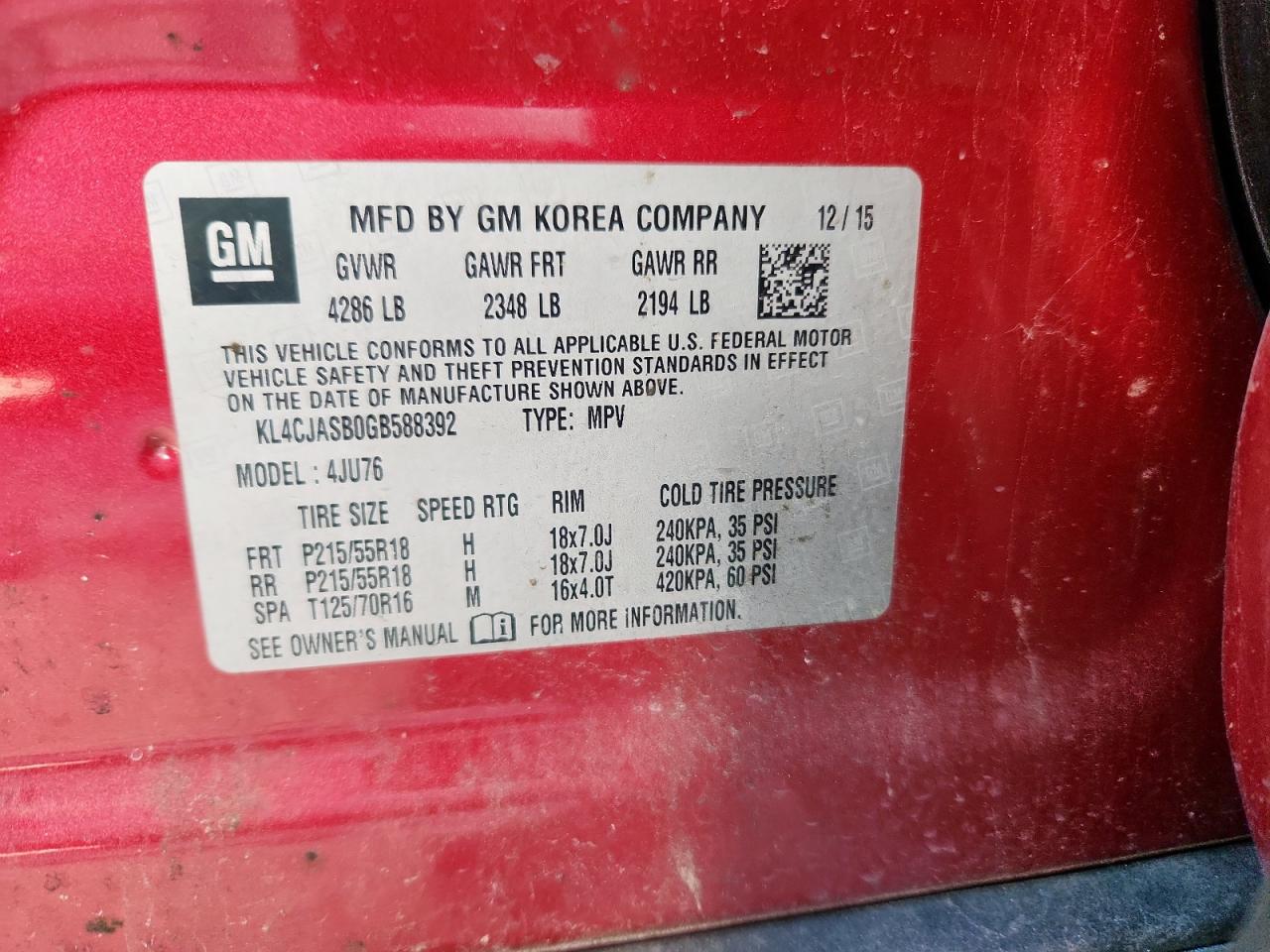 2016 Buick Encore VIN: KL4CJASB0GB588392 Lot: 82506715