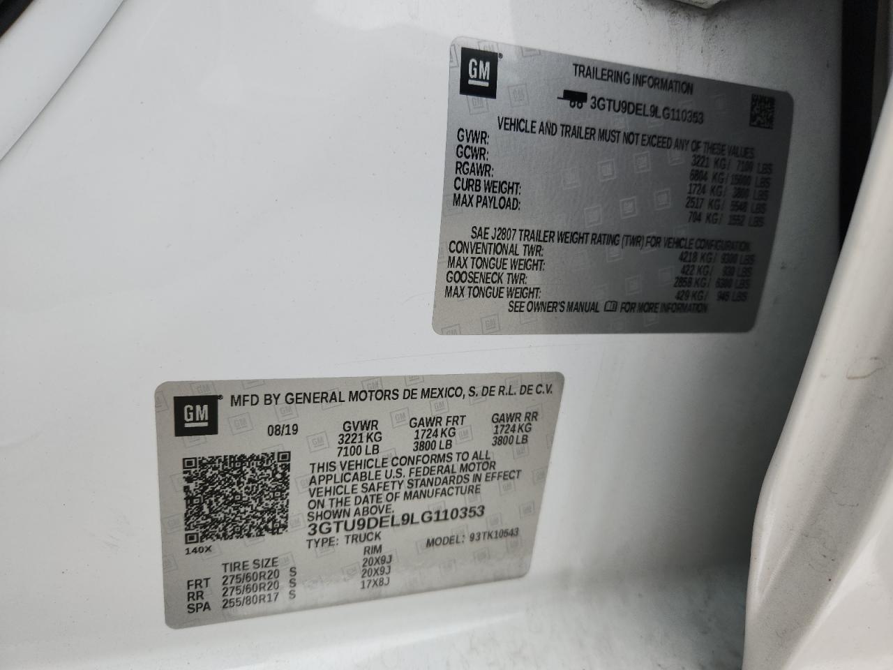 2020 GMC Sierra K1500 Slt VIN: 3GTU9DEL9LG110353 Lot: 92421195