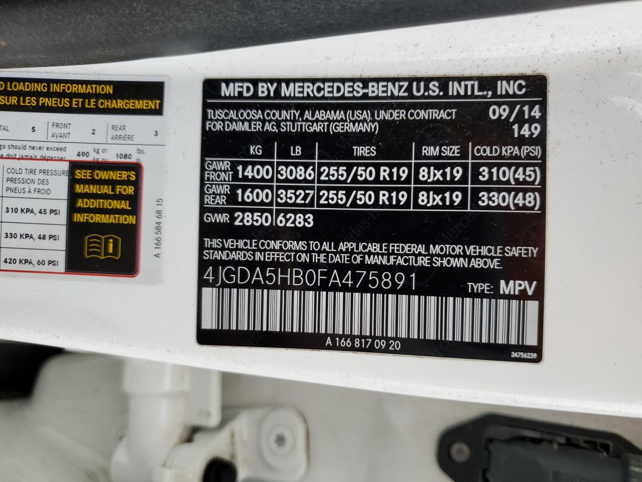 2015 Mercedes-Benz Ml 350 4Matic VIN: 4JGDA5HB0FA475891 Lot: 90499535