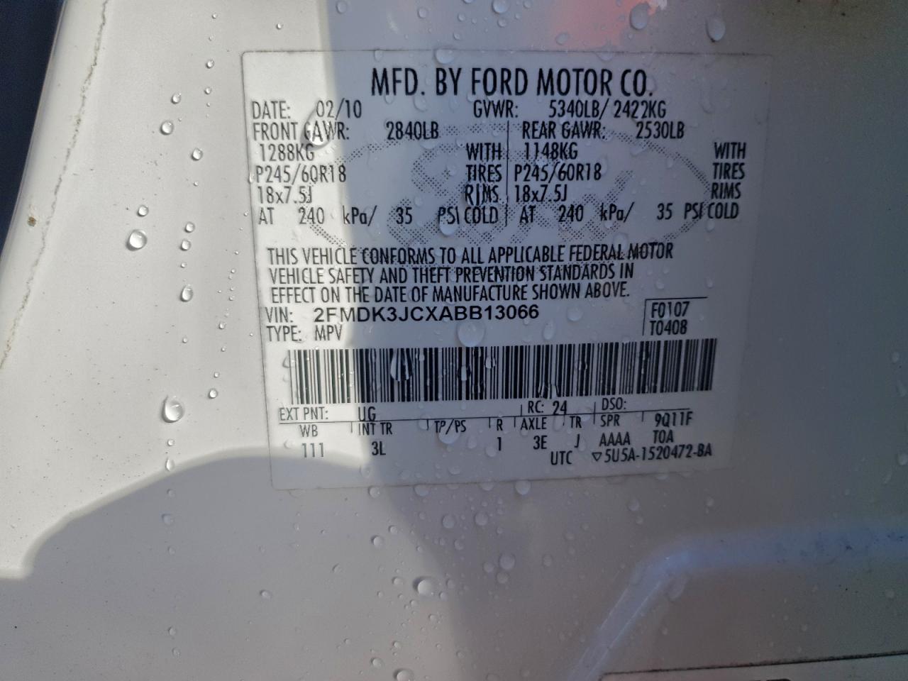 2010 Ford Edge Sel VIN: 2FMDK3JCXABB13066 Lot: 93646555