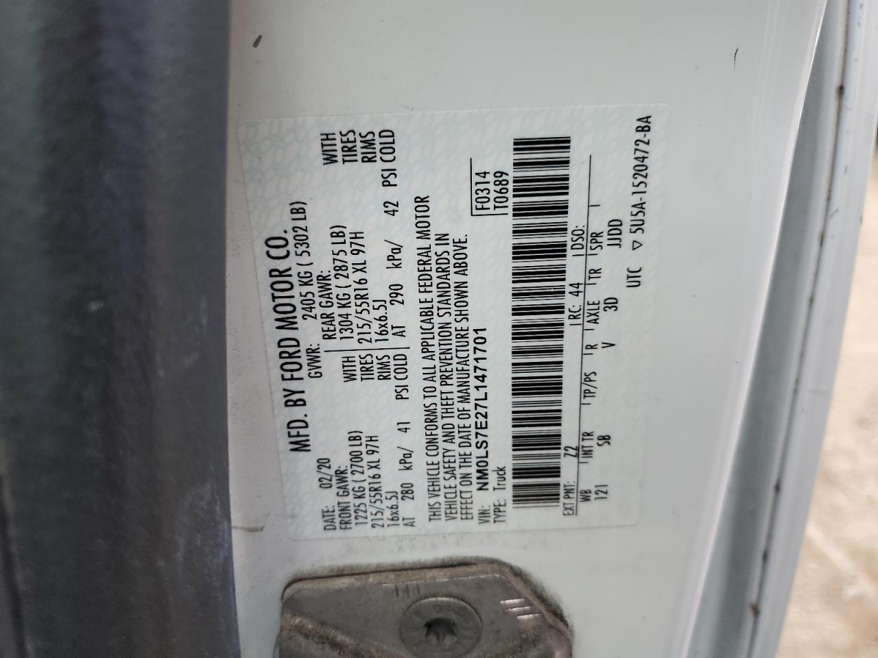 2020 Ford Transit Connect Delivery Van VIN: NM0LS7E27L1471701 Lot: 92823865