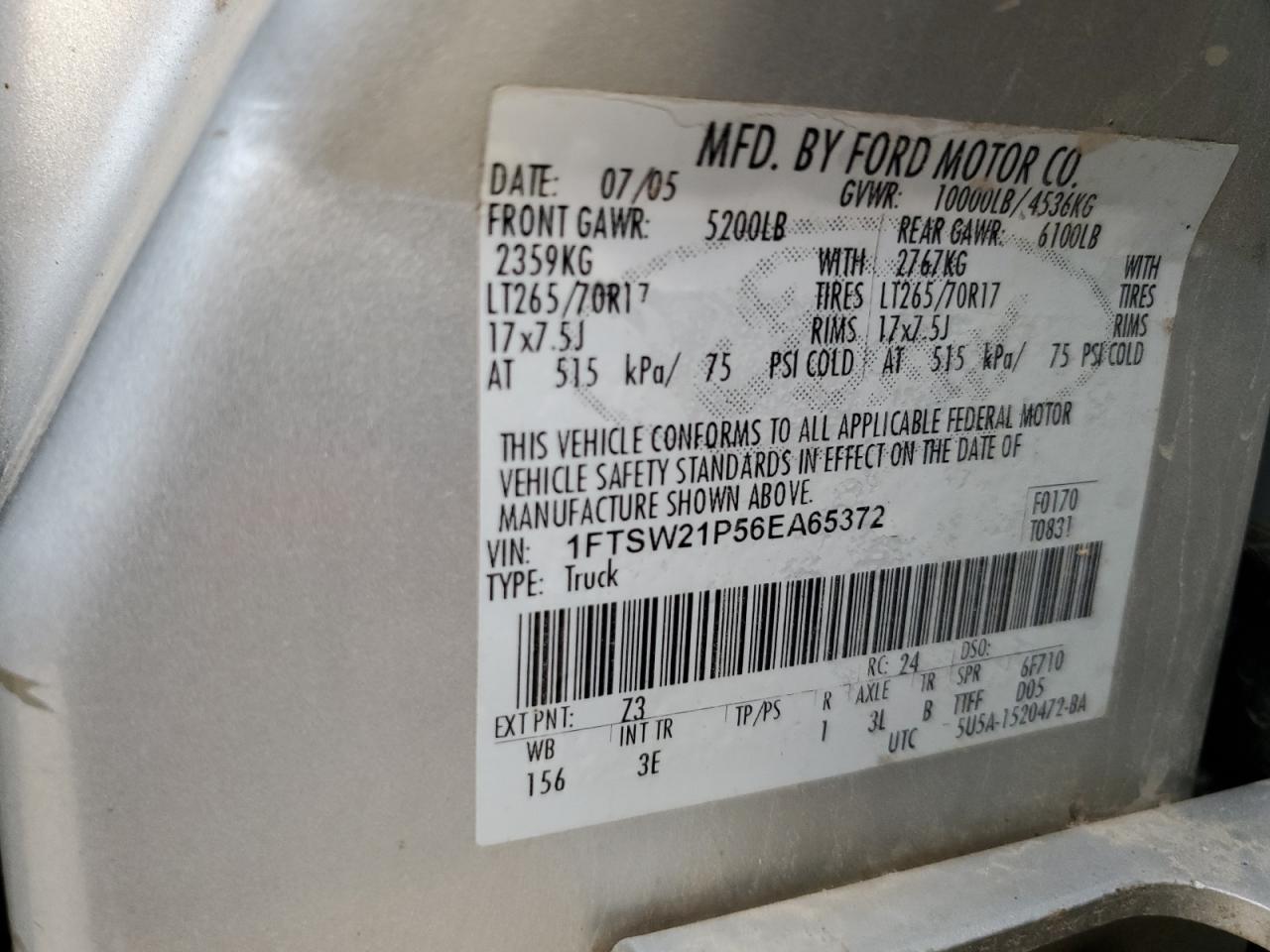 2006 Ford F250 Super Duty VIN: 1FTSW21P56EA65372 Lot: 89816795