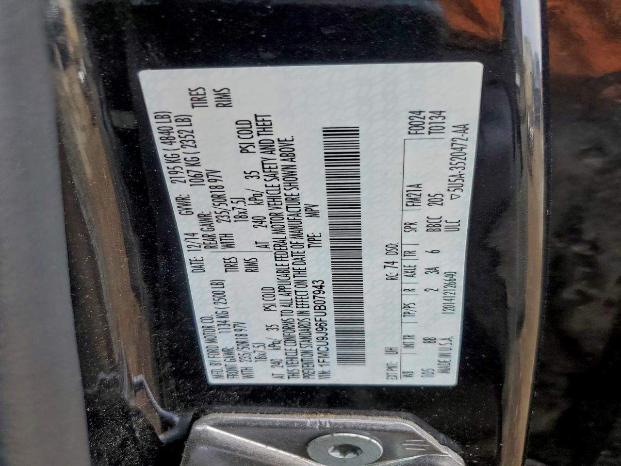 2015 Ford Escape Titanium VIN: 1FMCU9J96FUB07943 Lot: 93899095