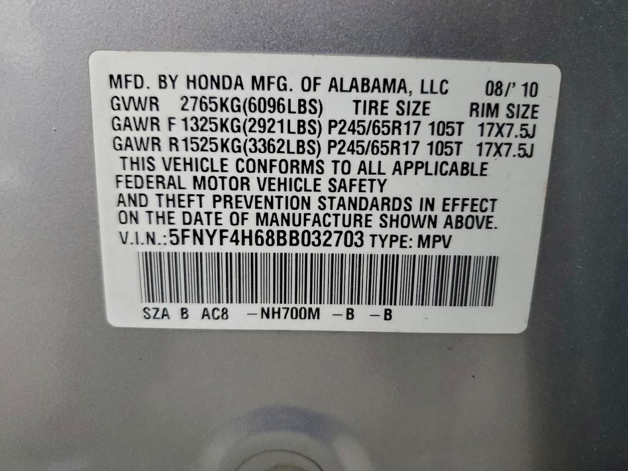 2011 Honda Pilot Exl VIN: 5FNYF4H68BB032703 Lot: 93902435