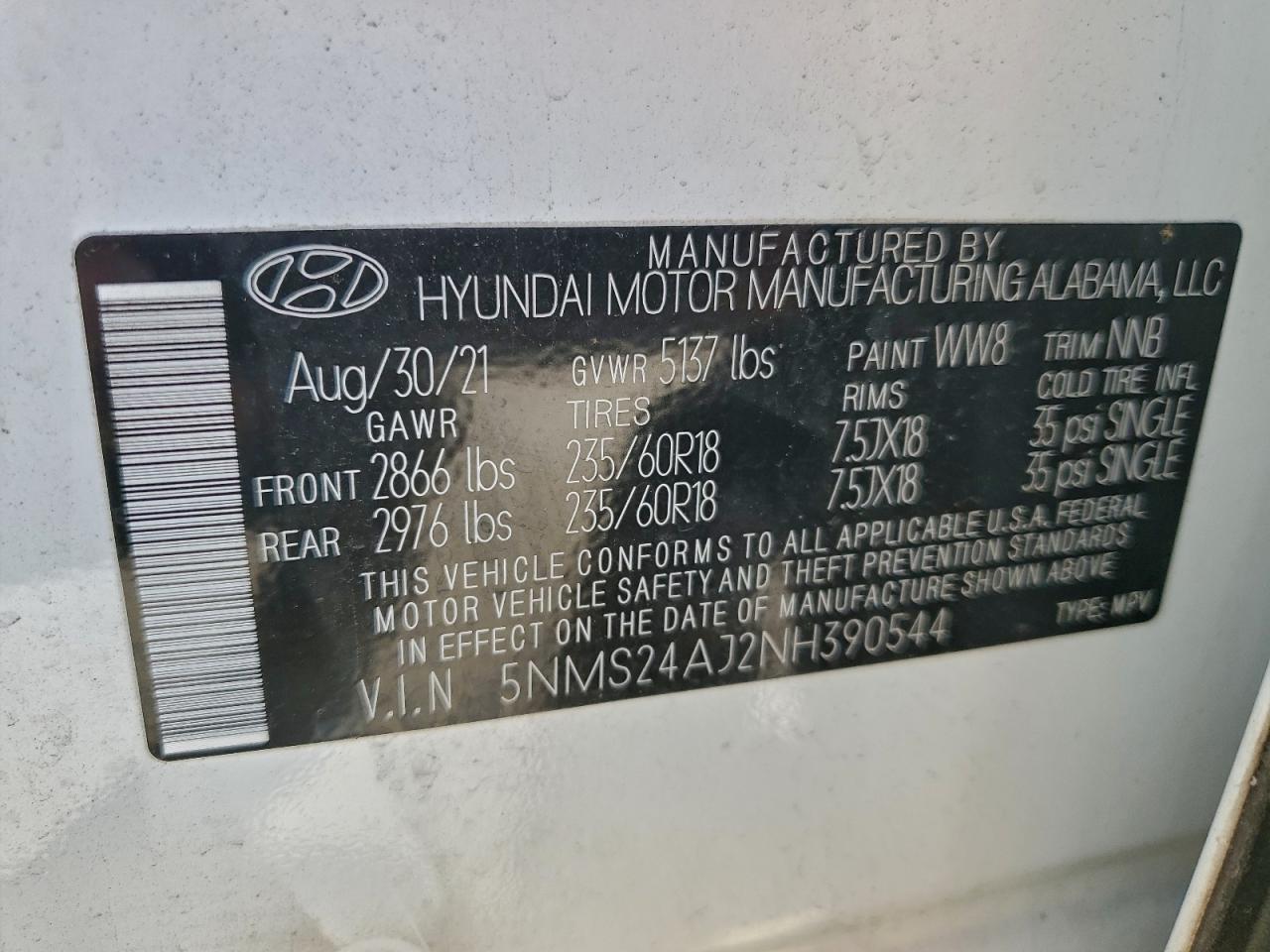 2022 Hyundai Santa Fe Sel VIN: 5NMS24AJ2NH390544 Lot: 93937315