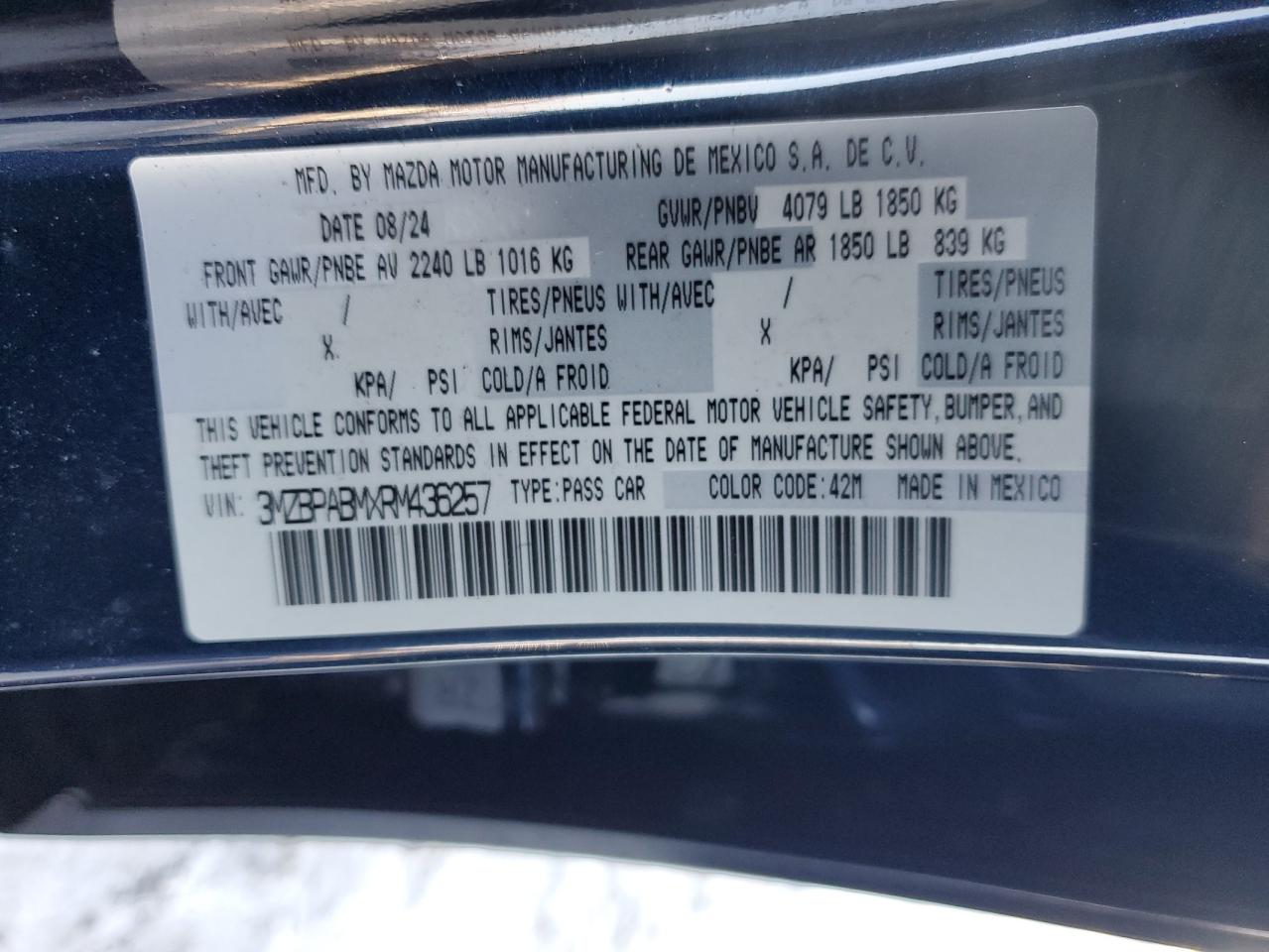 2024 Mazda 3 Select Sport VIN: 3MZBPABMXRM436257 Lot: 91936405