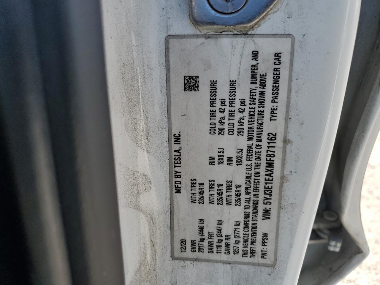 2021 Tesla Model 3 VIN: 5YJ3E1EAXMF871162 Lot: 86850085