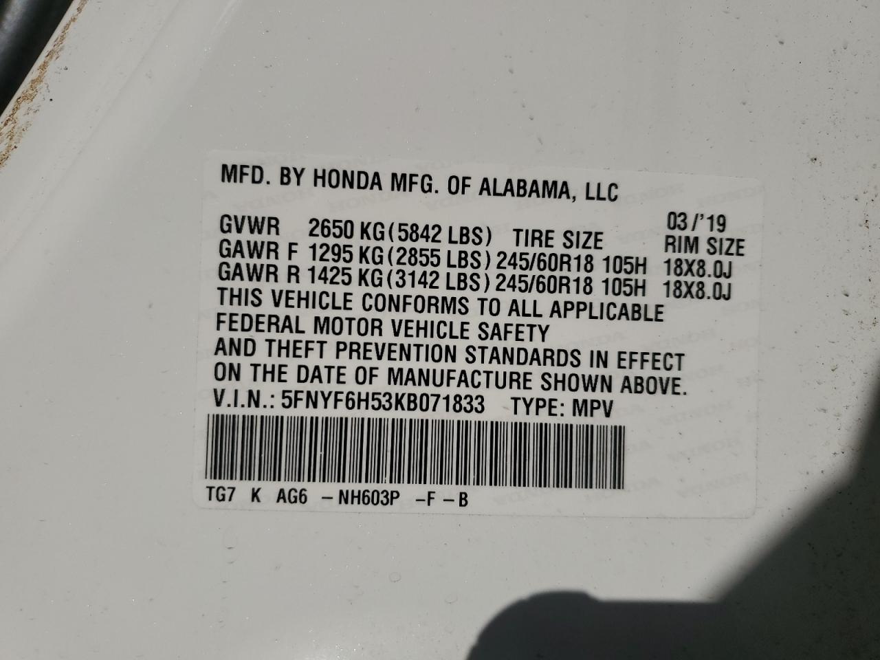 2019 Honda Pilot Exl VIN: 5FNYF6H53KB071833 Lot: 92154165