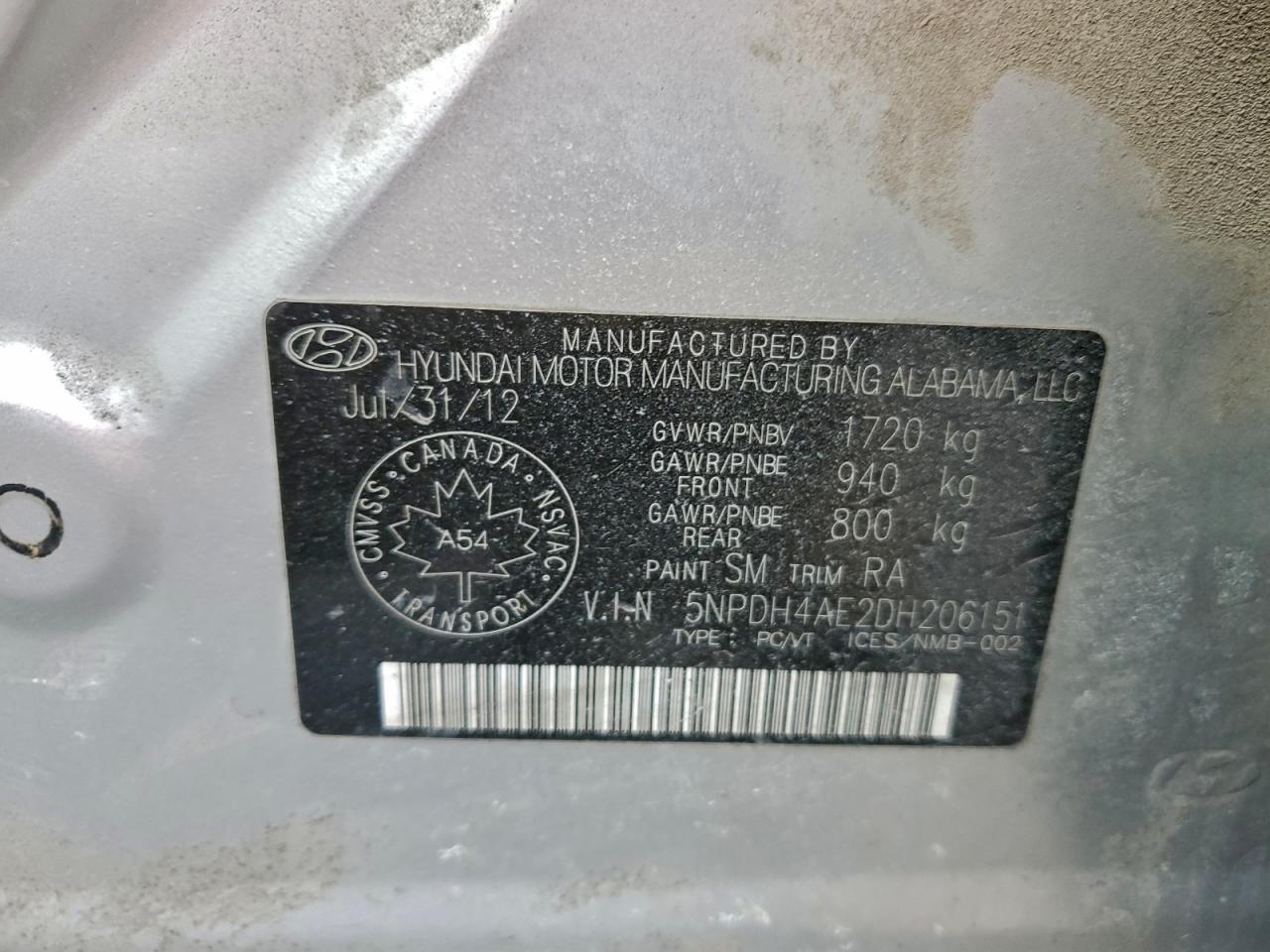 2013 Hyundai Elantra Gls VIN: 5NPDH4AE2DH206151 Lot: 93790015