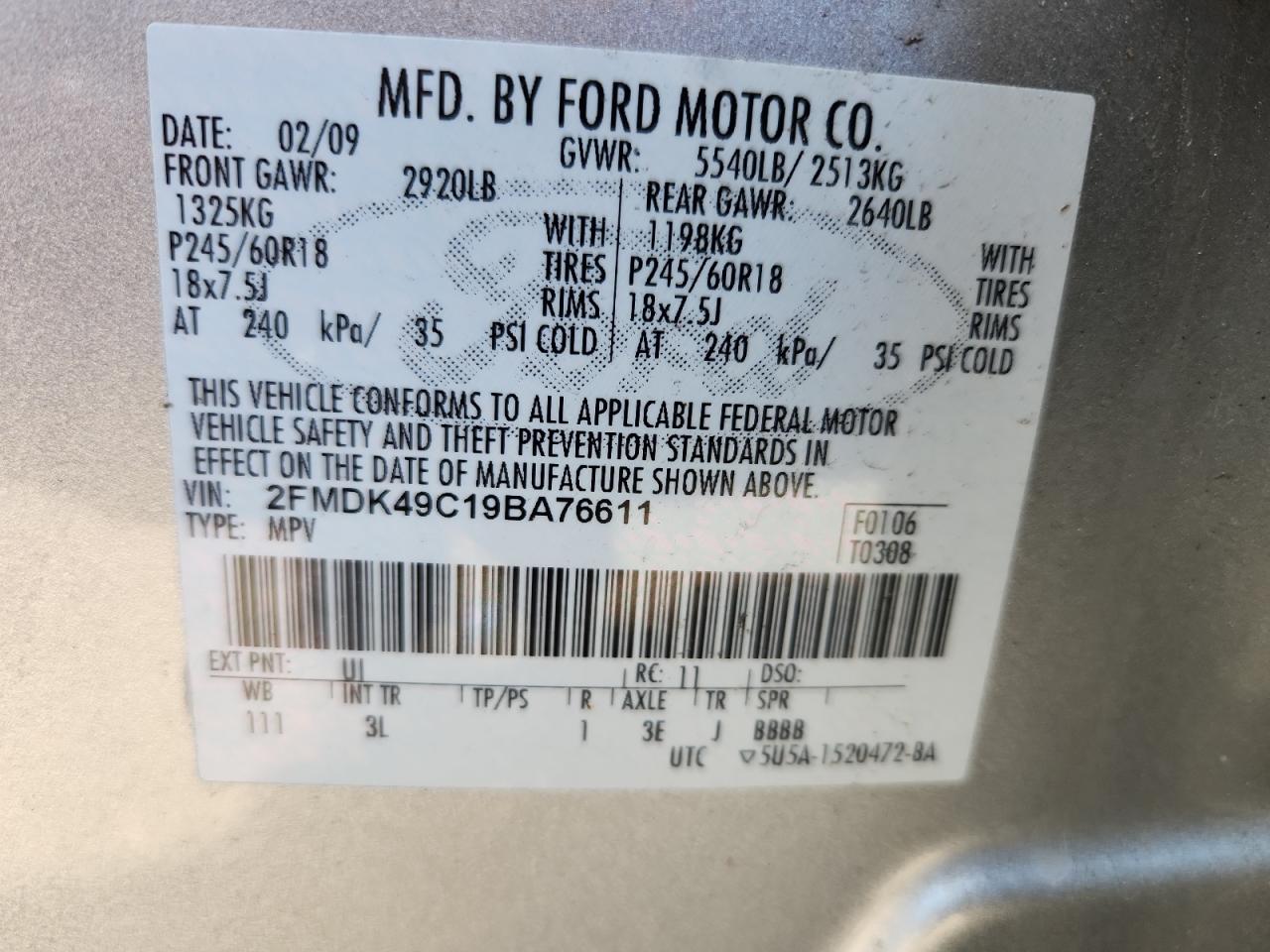 2009 Ford Edge Limited VIN: 2FMDK49C19BA76611 Lot: 90781995