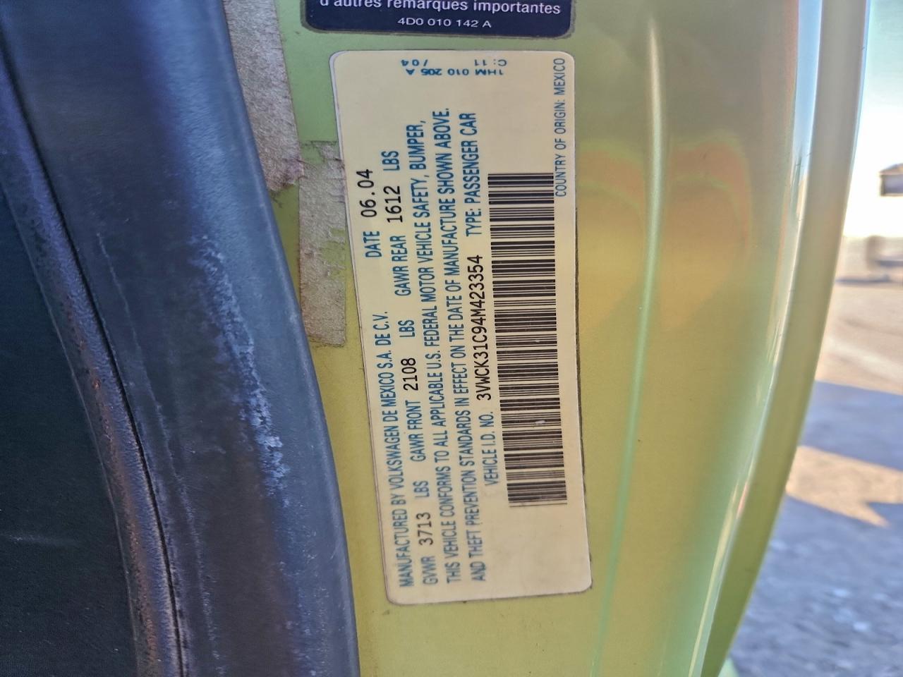 2004 Volkswagen New Beetle Gls VIN: 3VWCK31C94M423354 Lot: 93947155