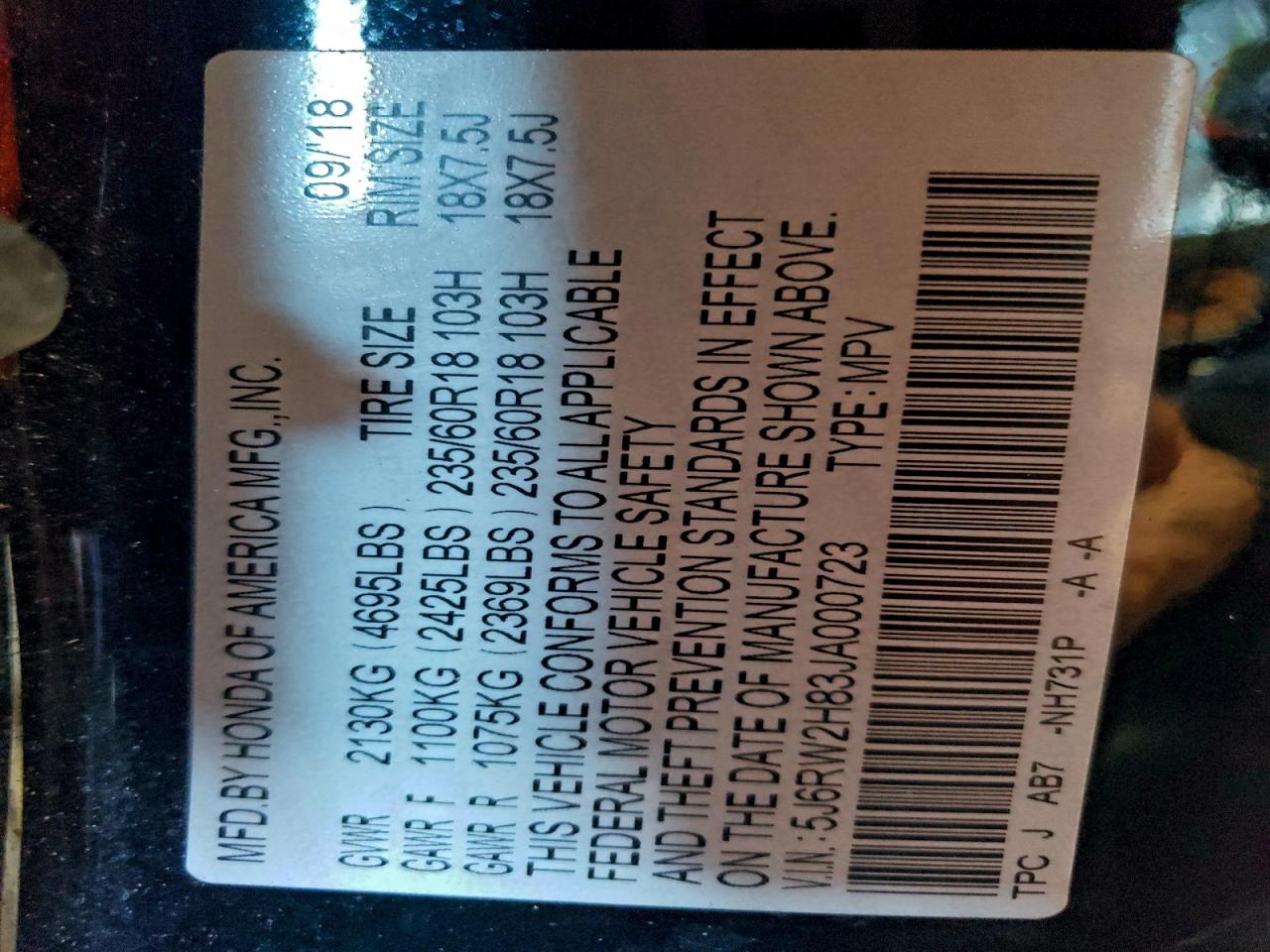 2018 Honda Cr-V Exl VIN: 5J6RW2H83JA000723 Lot: 94407335