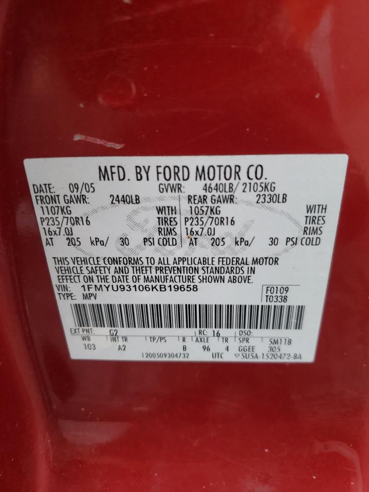 2006 Ford Escape Xlt VIN: 1FMYU93106KB19658 Lot: 92242645