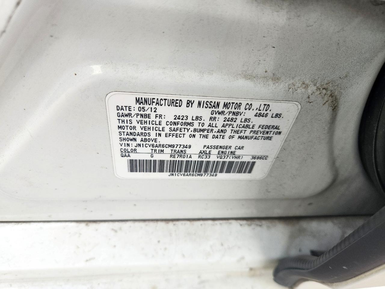 2012 Infiniti G37 VIN: JN1CV6AR6CM977349 Lot: 93229115