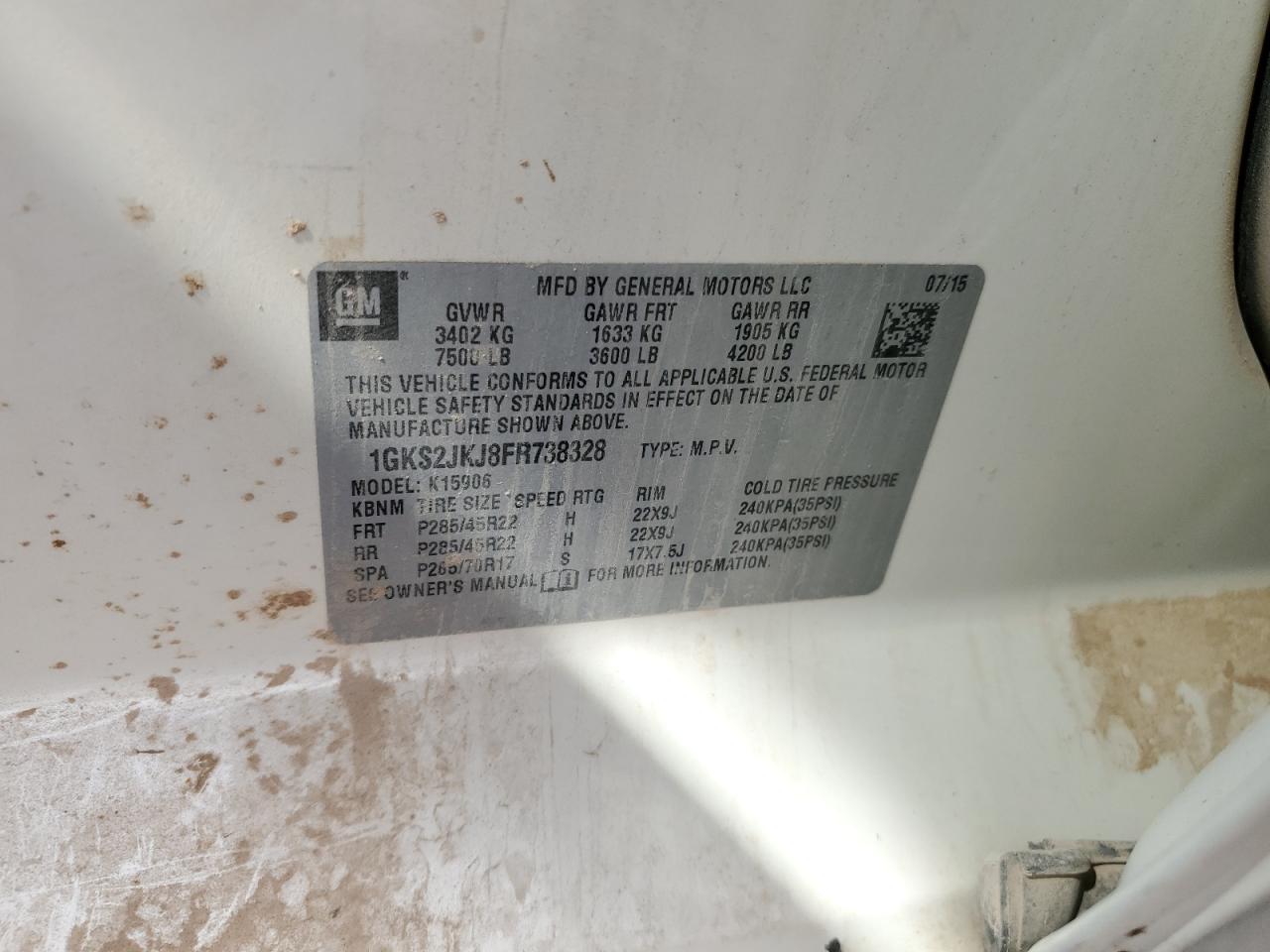 2015 GMC Yukon Xl Denali VIN: 1GKS2JKJ8FR738328 Lot: 91225775