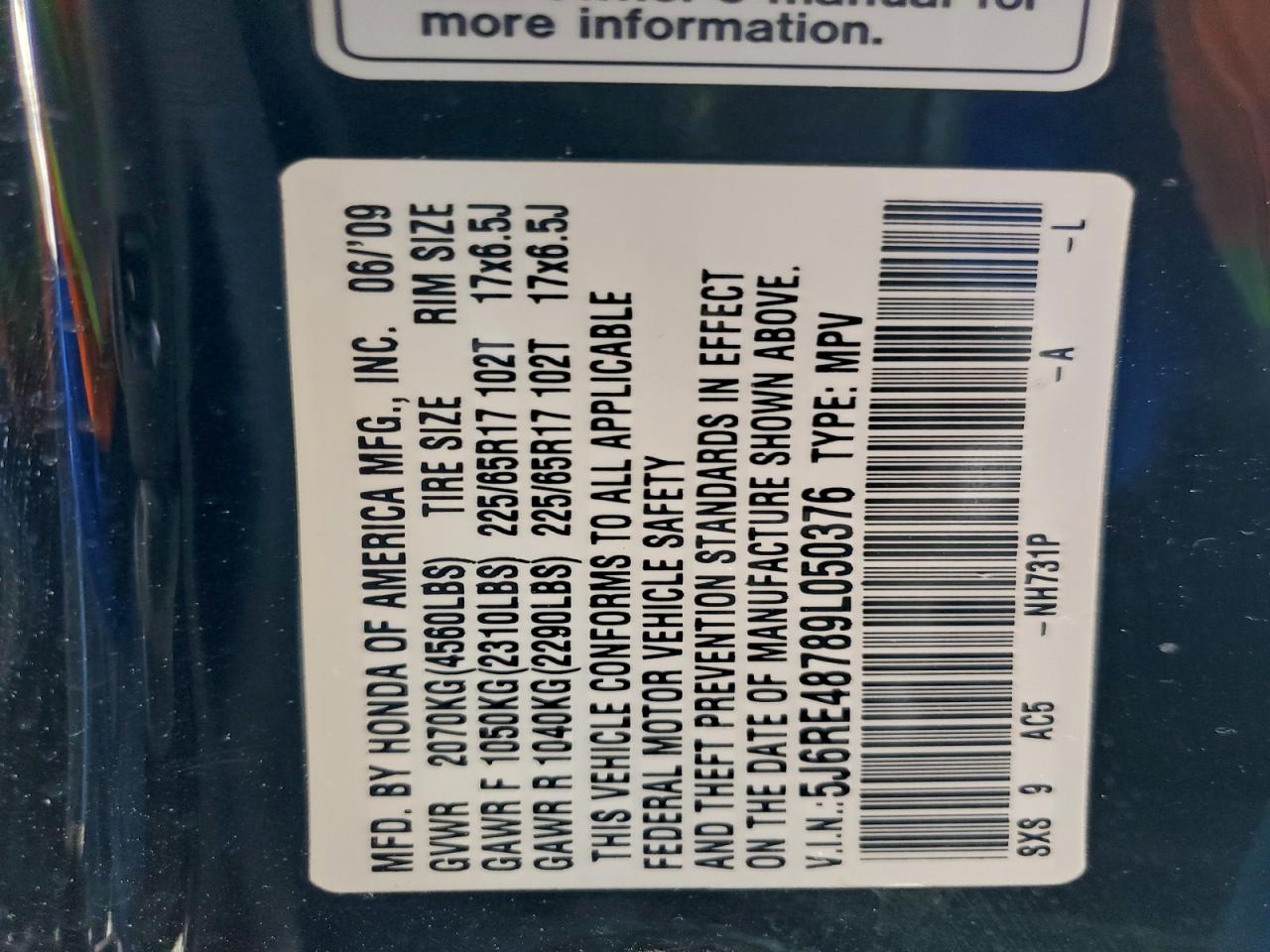 2009 Honda Cr-V Exl VIN: 5J6RE48789L050376 Lot: 94600485