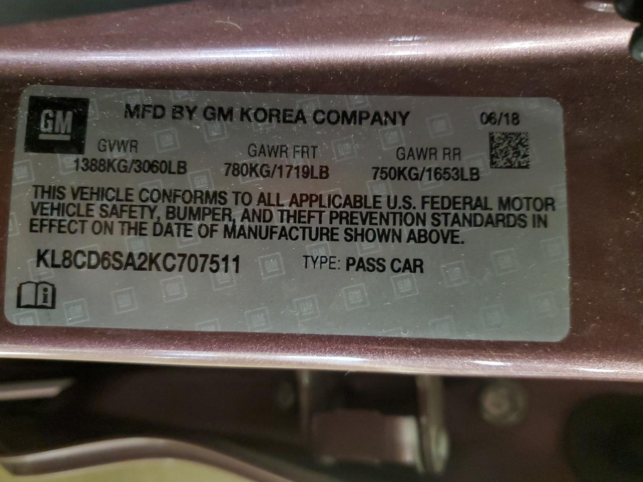 2019 Chevrolet Spark 1Lt VIN: KL8CD6SA2KC707511 Lot: 91761355