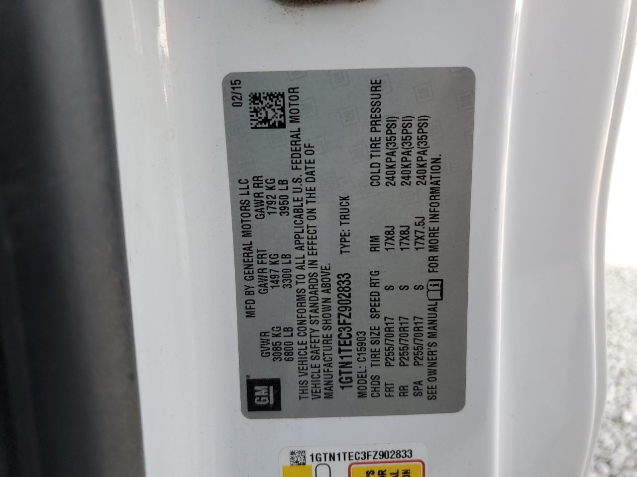 2015 GMC Sierra C1500 VIN: 1GTN1TEC3FZ902833 Lot: 92814365