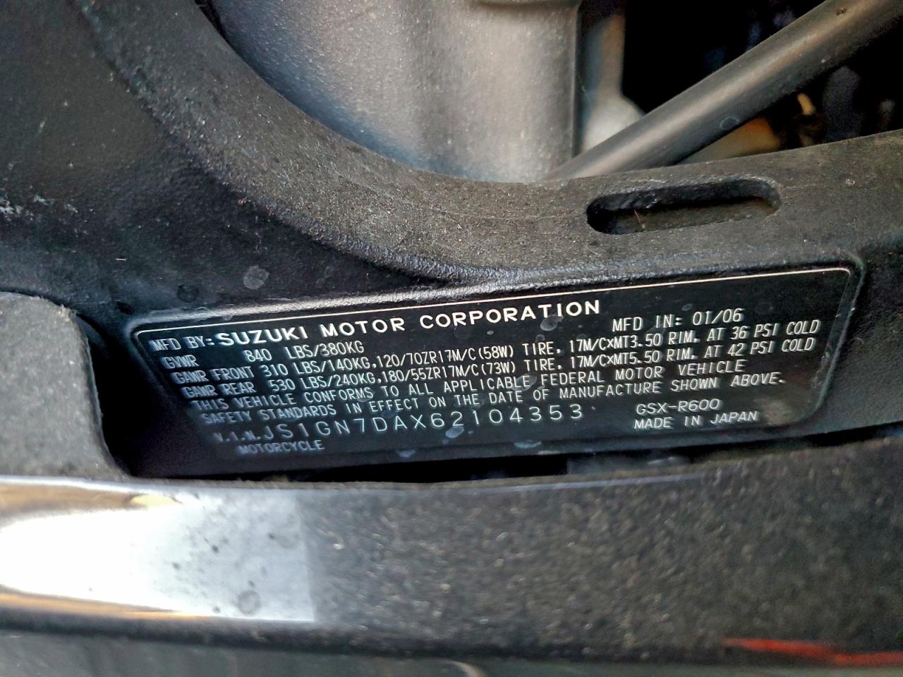 2006 Suzuki Gsx-R600 K6 VIN: JS1GN7DAX62104353 Lot: 94577415