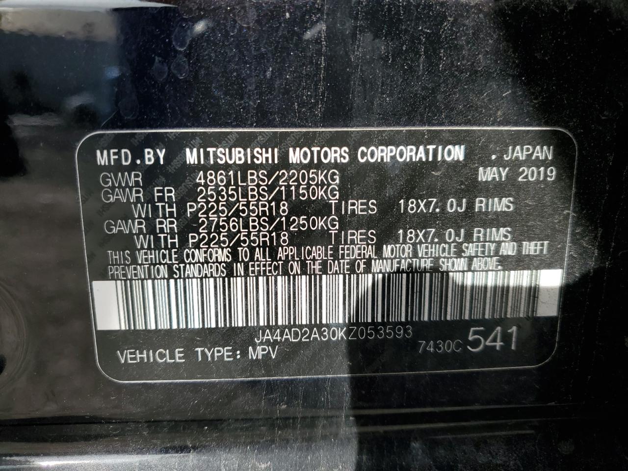 2019 Mitsubishi Outlander Es VIN: JA4AD2A30KZ053593 Lot: 92948565
