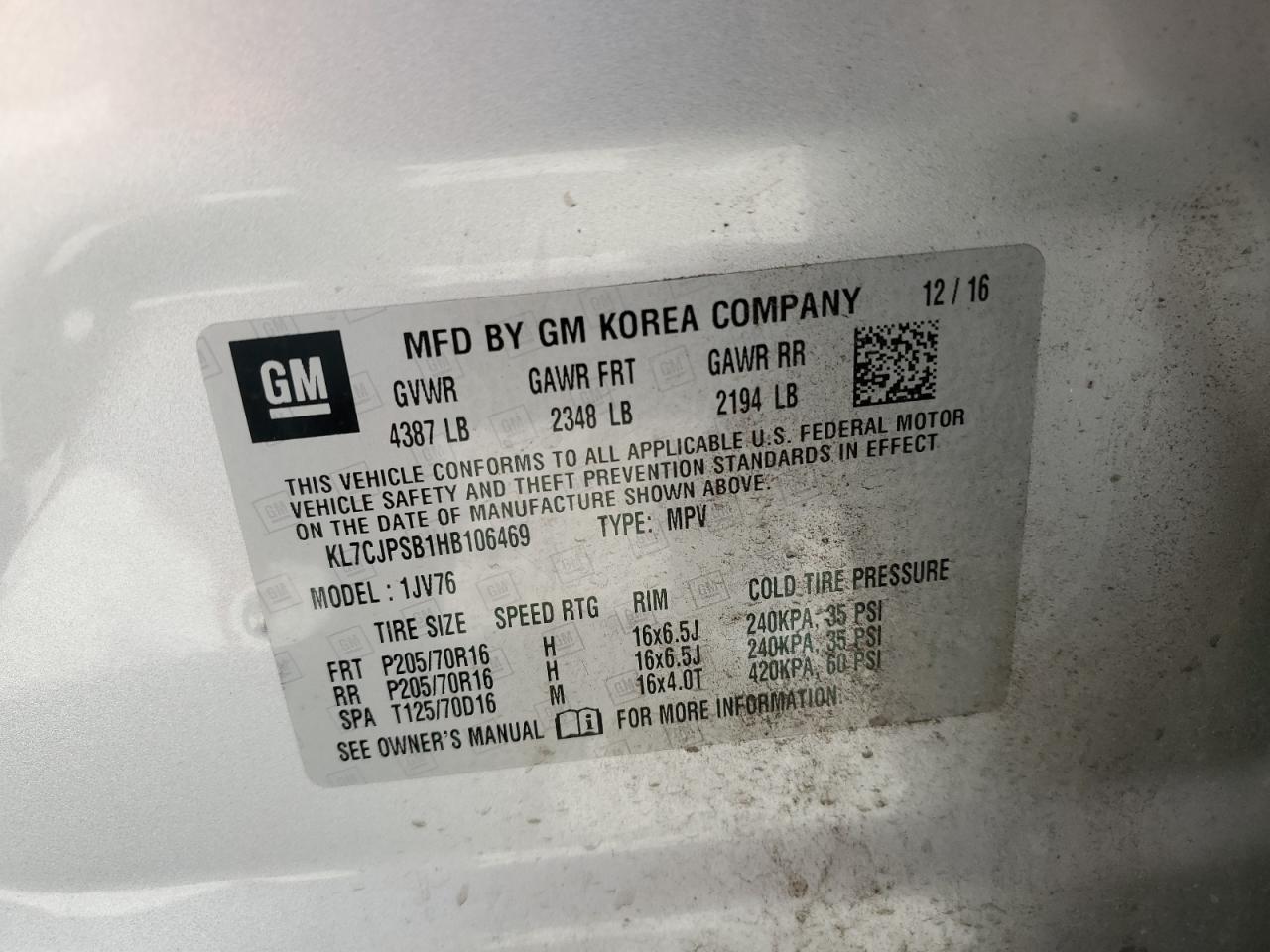 2017 Chevrolet Trax 1Lt VIN: KL7CJPSB1HB106469 Lot: 92610855