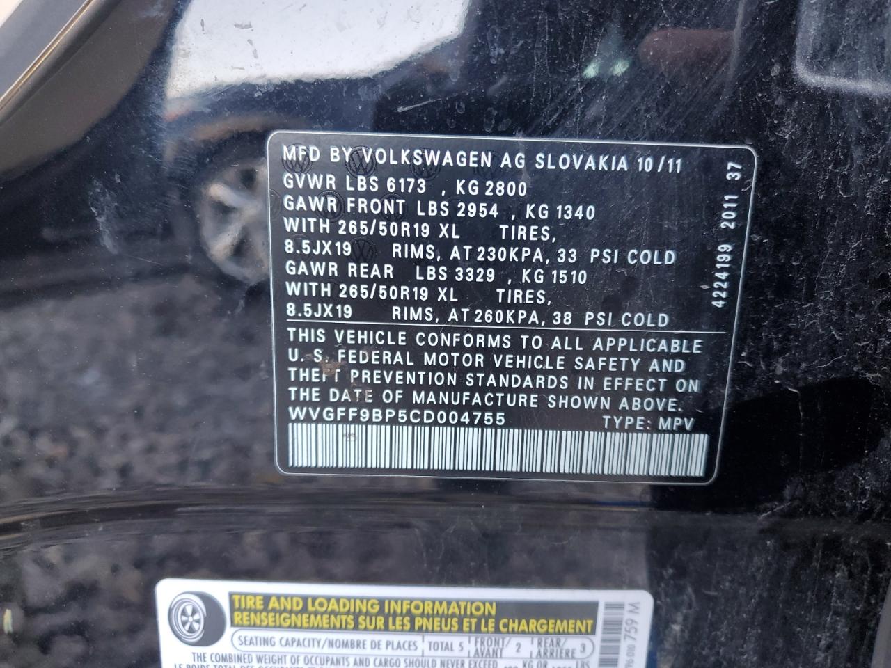 2012 Volkswagen Touareg V6 VIN: WVGFF9BP5CD004755 Lot: 91105085