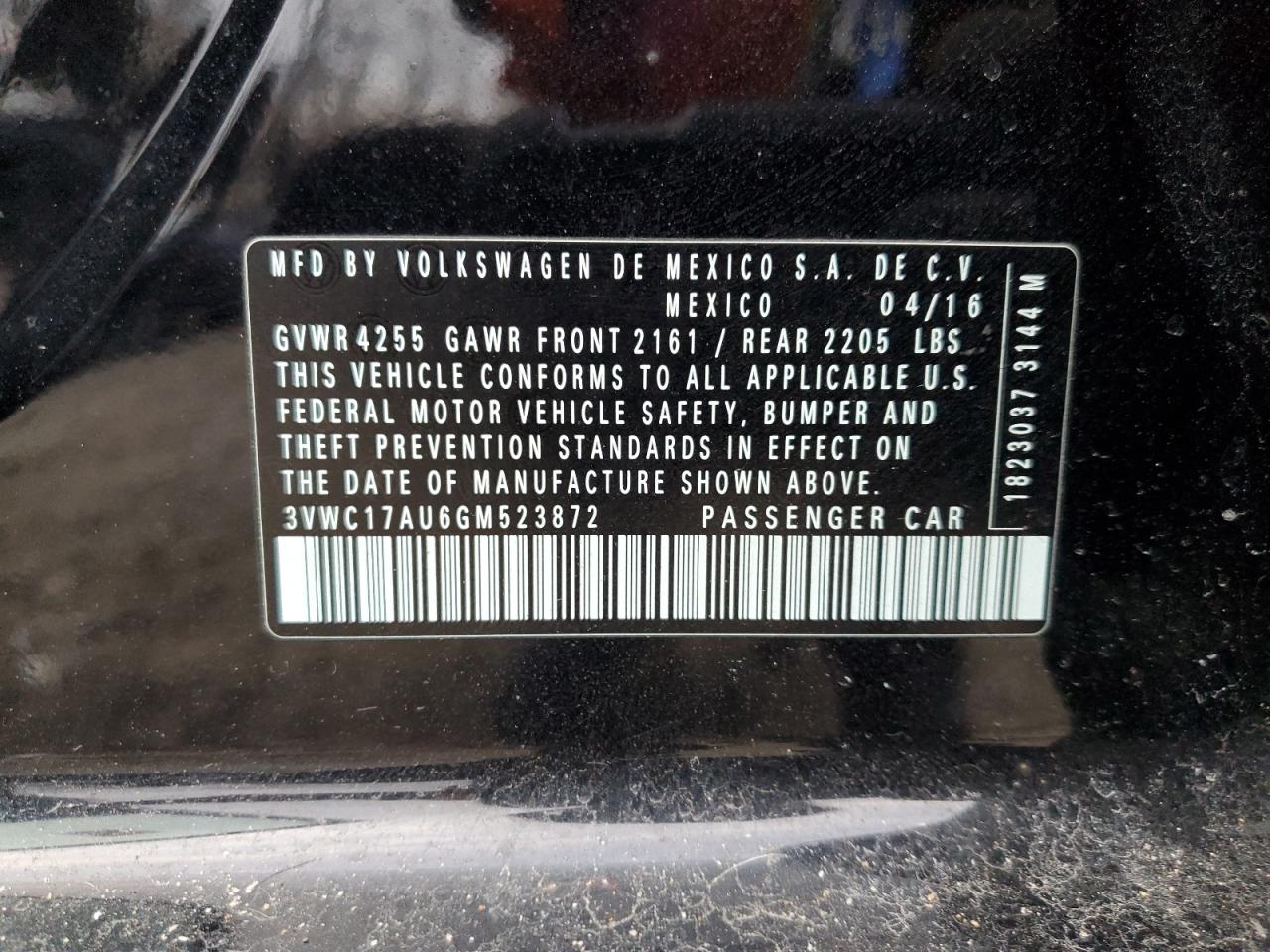 2016 Volkswagen Golf Sportwagen S VIN: 3VWC17AU6GM523872 Lot: 93072275