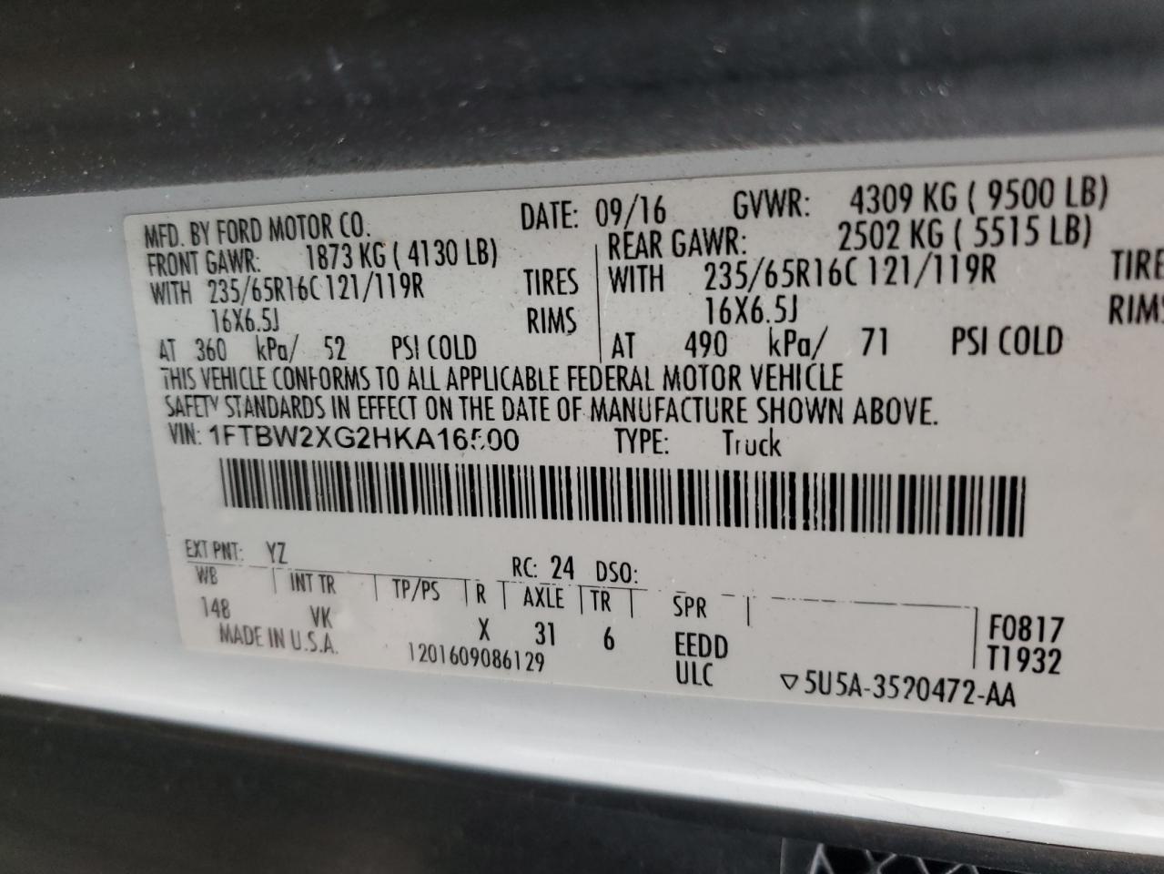 2017 Ford Transit T-350 VIN: 1FTBW2XG2HKA16500 Lot: 93888005