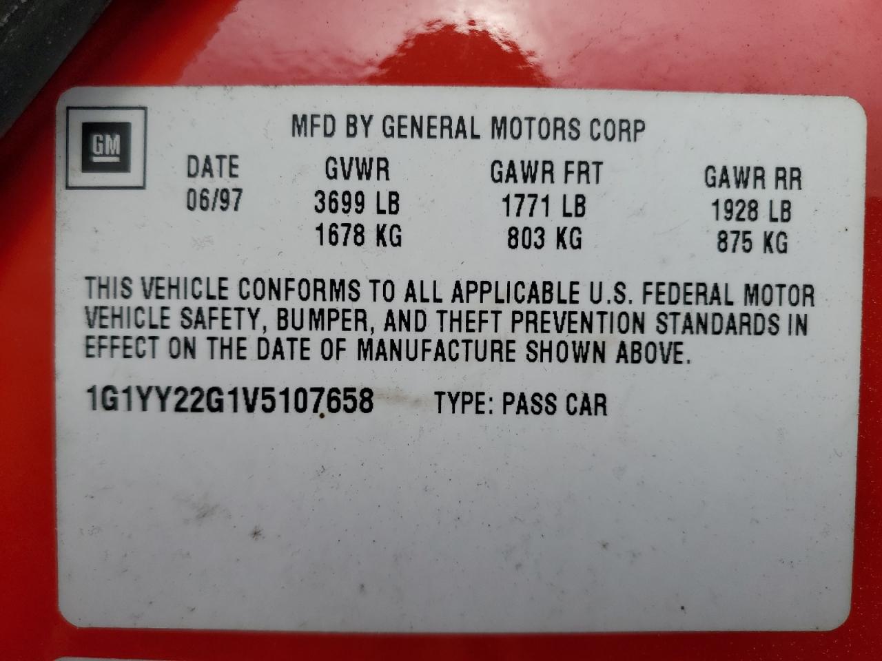 1997 Chevrolet Corvette VIN: 1G1YY22G1V5107658 Lot: 92565375