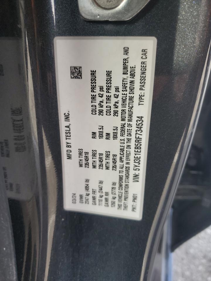 2024 Tesla Model 3 VIN: 5YJ3E1EB5RF734534 Lot: 92944255