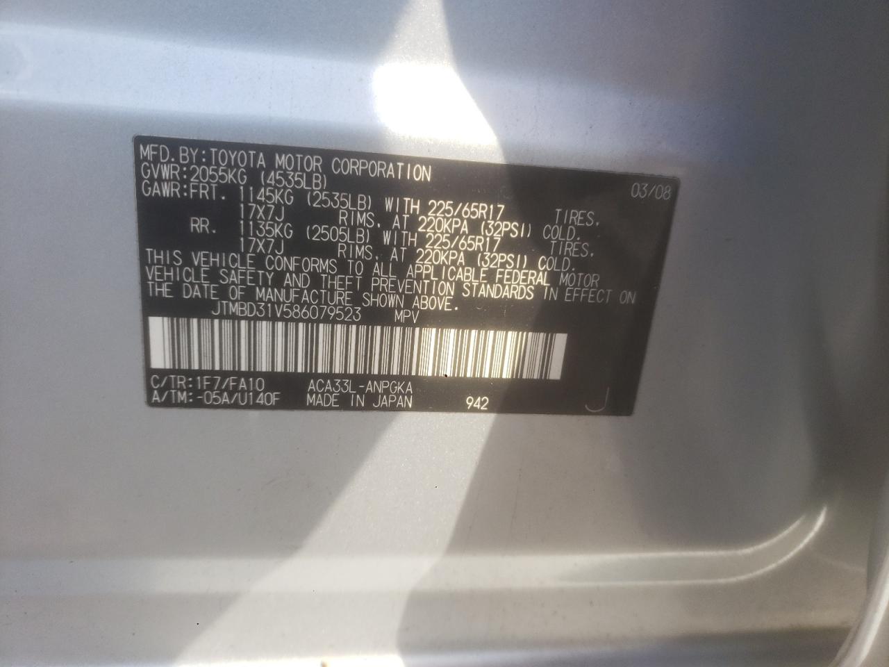 2008 Toyota Rav4 Limited VIN: JTMBD31V586079523 Lot: 93400875