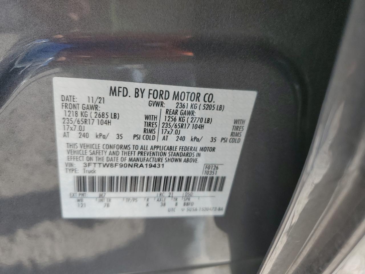 2022 Ford Maverick Xl VIN: 3FTTW8F90NRA19431 Lot: 93434455