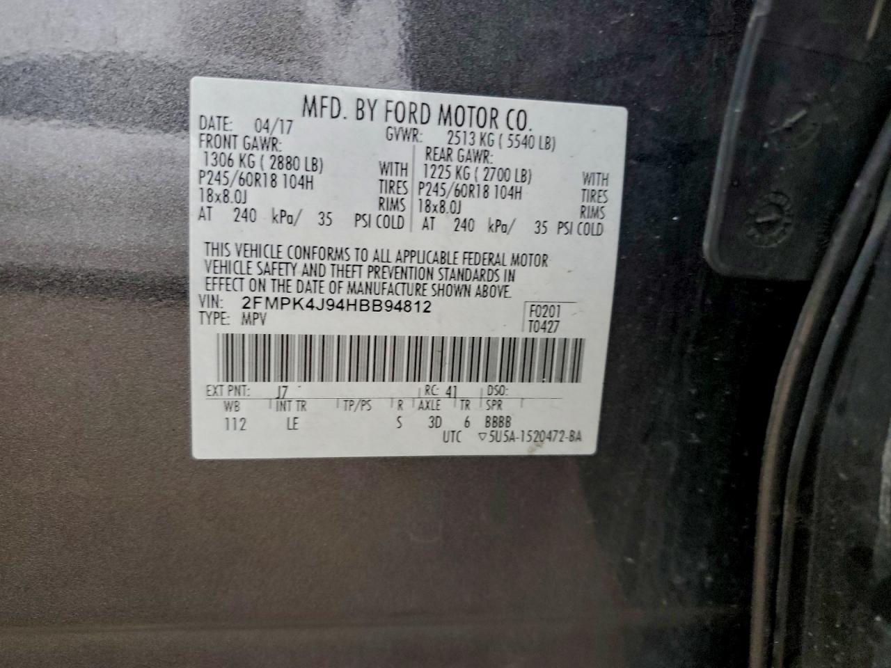 2017 Ford Edge Sel VIN: 2FMPK4J94HBB94812 Lot: 94121165