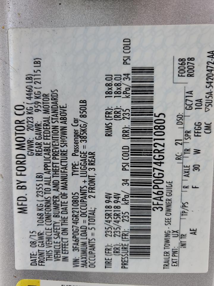 2016 Ford Fusion S VIN: 3FA6P0G74GR210805 Lot: 92188975