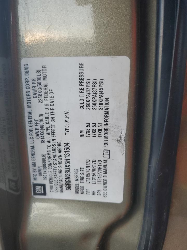 2005 Hummer H2 VIN: 5GRGN23UX5H131504 Lot: 90944305