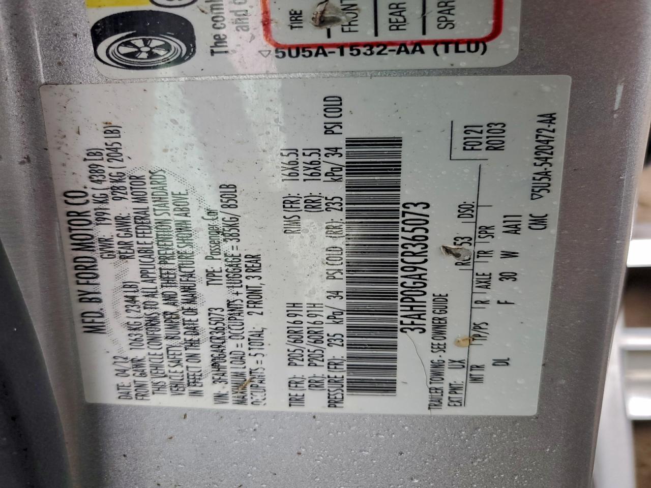 2012 Ford Fusion S VIN: 3FAHP0GA9CR365073 Lot: 93138475