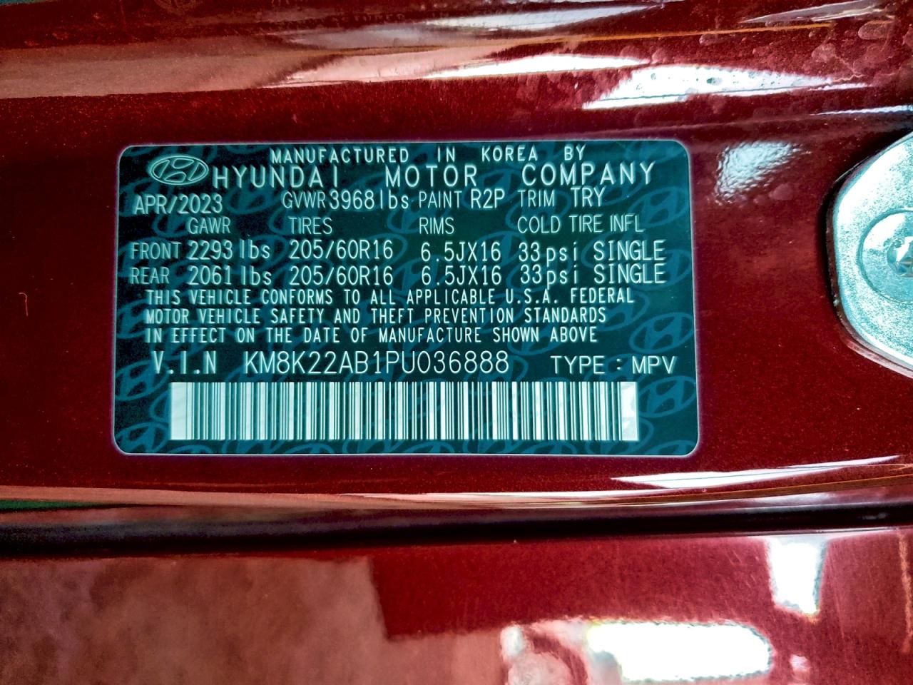 2023 Hyundai Kona Se VIN: KM8K22AB1PU036888 Lot: 94375975