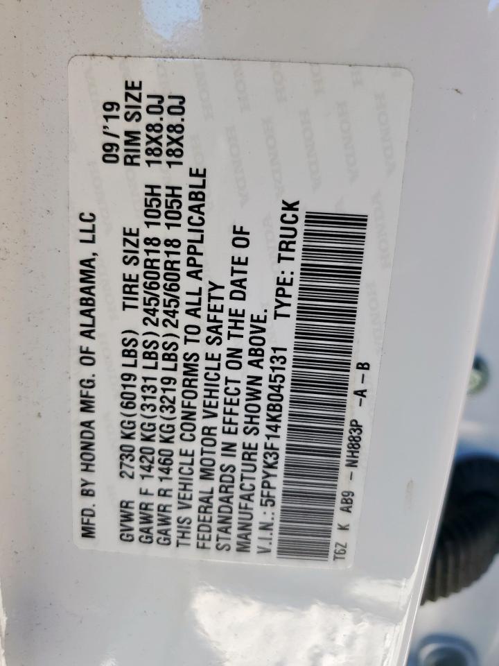 2019 Honda Ridgeline Sport VIN: 5FPYK3F14KB045131 Lot: 91439105