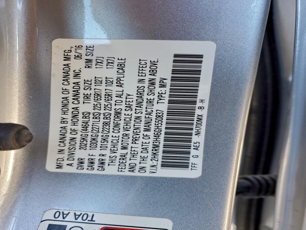 2016 Honda Cr-V Se VIN: 2HKRM3H46GH550837 Lot: 93984195