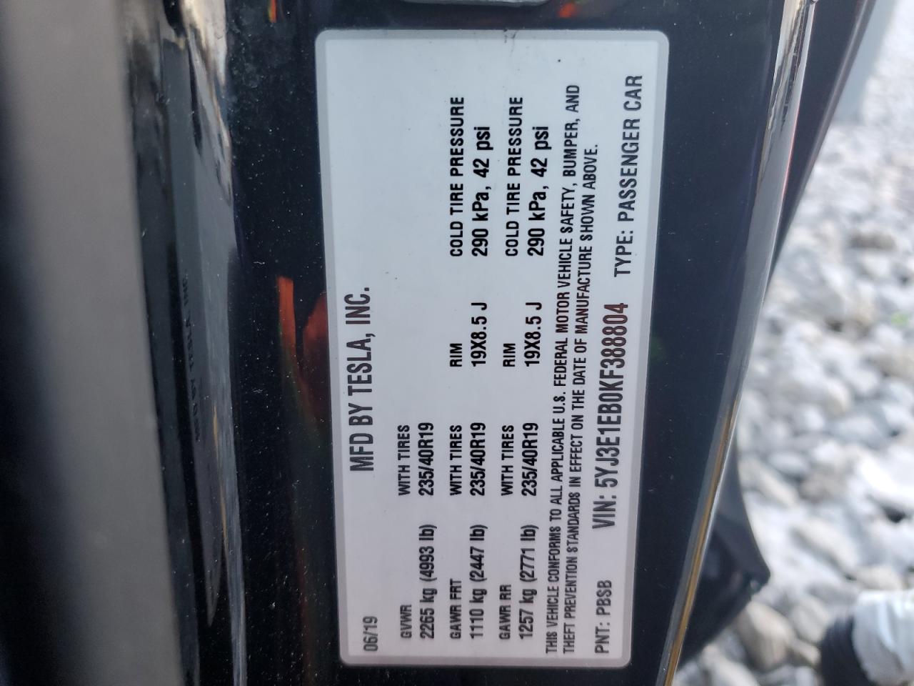 2019 Tesla Model 3 VIN: 5YJ3E1EB0KF388804 Lot: 92224205