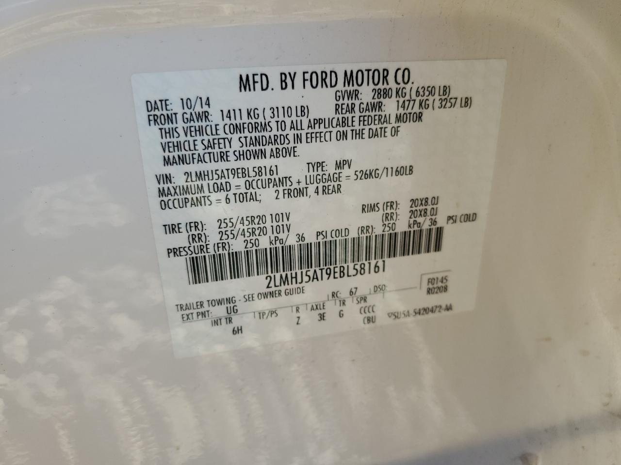 2014 Lincoln Mkt VIN: 2LMHJ5AT9EBL58161 Lot: 92232575