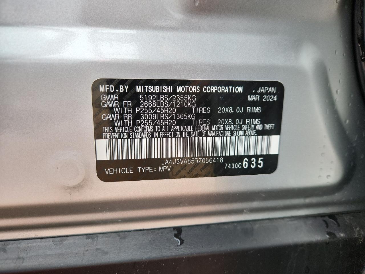 2024 Mitsubishi Outlander Se VIN: JA4J3VA85RZ056418 Lot: 93488945